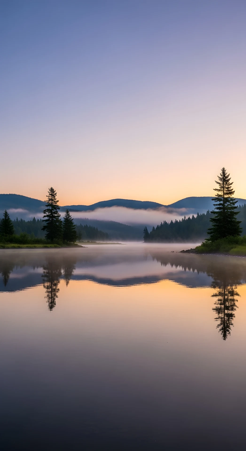 Mirror Reflection of Misty Forest Lake at Dawn - Free 4K mobile Wallpaper