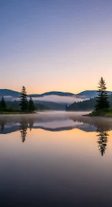 Mirror Reflection of Misty Forest Lake at Dawn