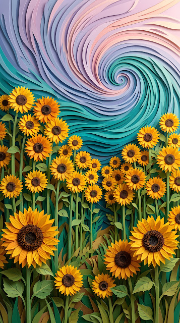 3D Paper Cut-Out Sunflower Field Illustration - Free mobile Wallpaper