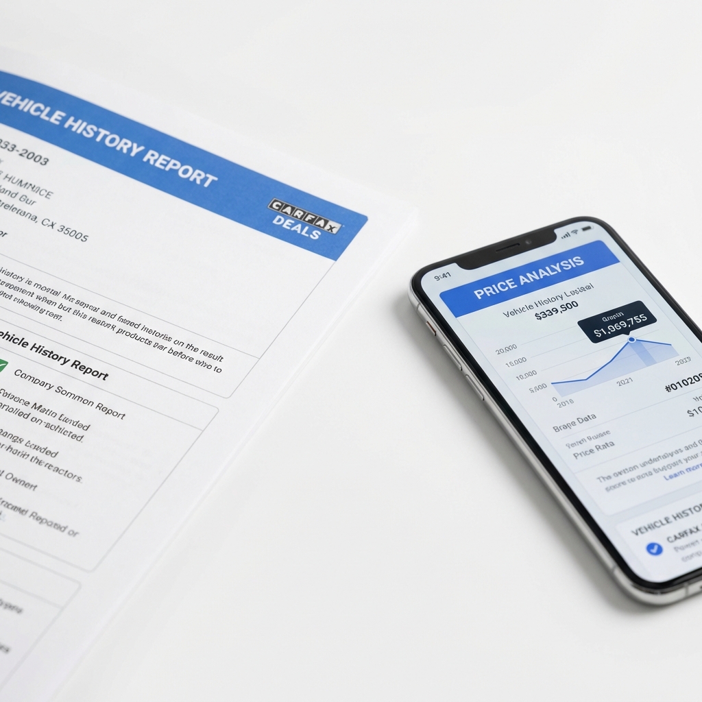 Close up of vehicle history report and smartphone showing a price analysis label highlighting dealerships near me toyota for reliable used car buying