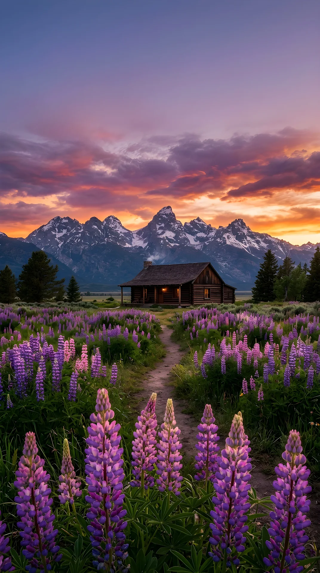Rustic Cabin in a Purple Lupine Meadow Beneath Snowy Peaks - Free 4K mobile Wallpaper