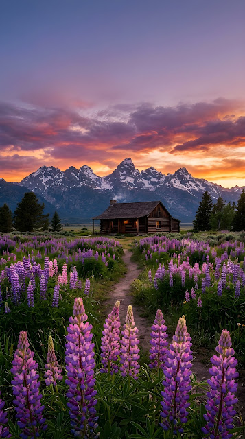Rustic Cabin in a Purple Lupine Meadow Beneath Snowy Peaks - Free mobile Wallpaper
