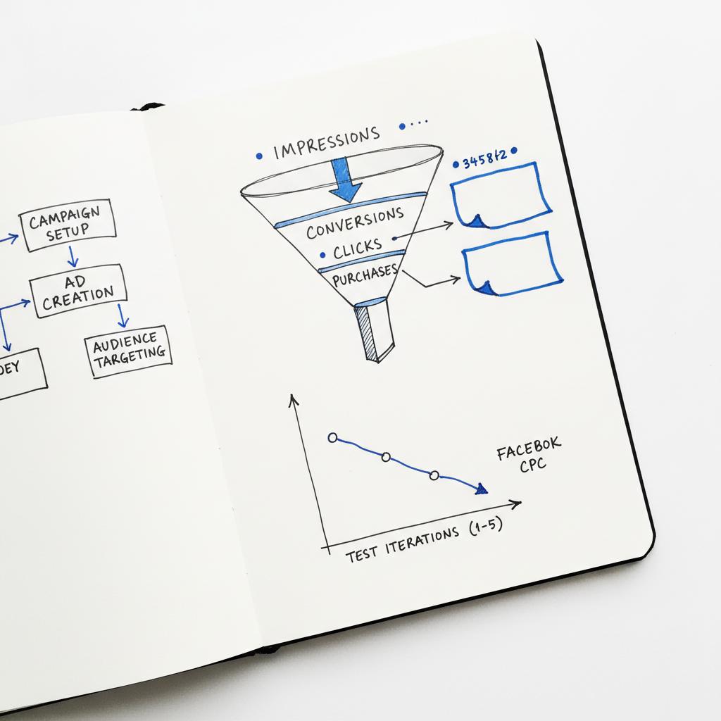 Notebook sketches of an ad funnel and a small hand-drawn chart showing CPC falling across test iterations, minimal blue highlights &mdash; Facebook cost per click