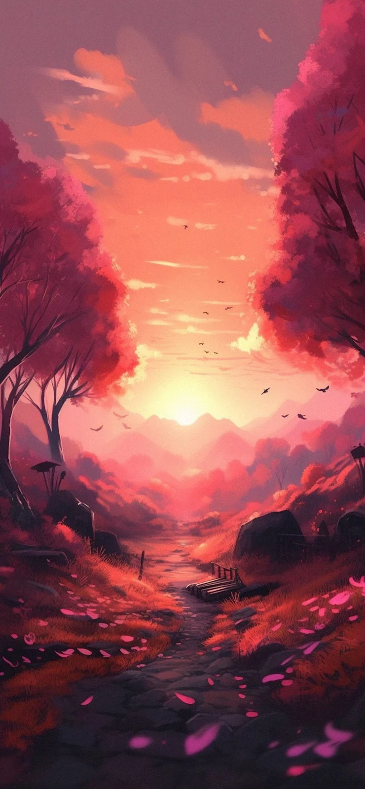 Pink Forest Path At Sunset - Digital Art Illustration Full HD iPhone Wallpaper (1284x2778)