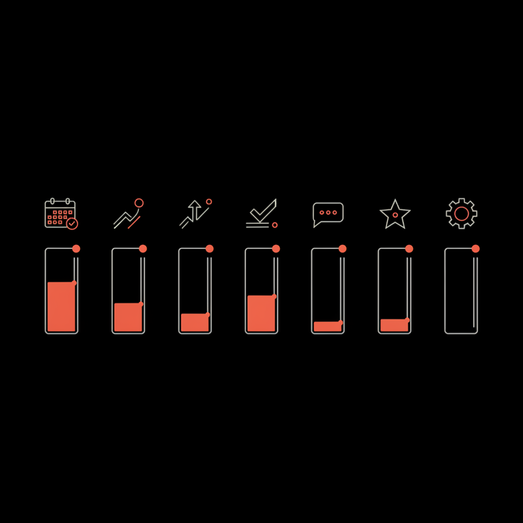 Minimal 2D vector 6-month timeline infographic on black background with icons and accented progress bars, highlight #dc5c2b — blue tick on Instagram