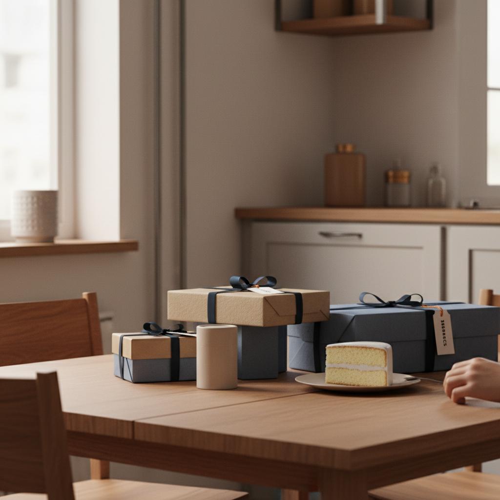 Esstisch mit Geschenkverpackungen und Vanillekuchen in warmer, minimalistischer Industrie-Ästhetik als geschenkideen für 10-jährige jungs