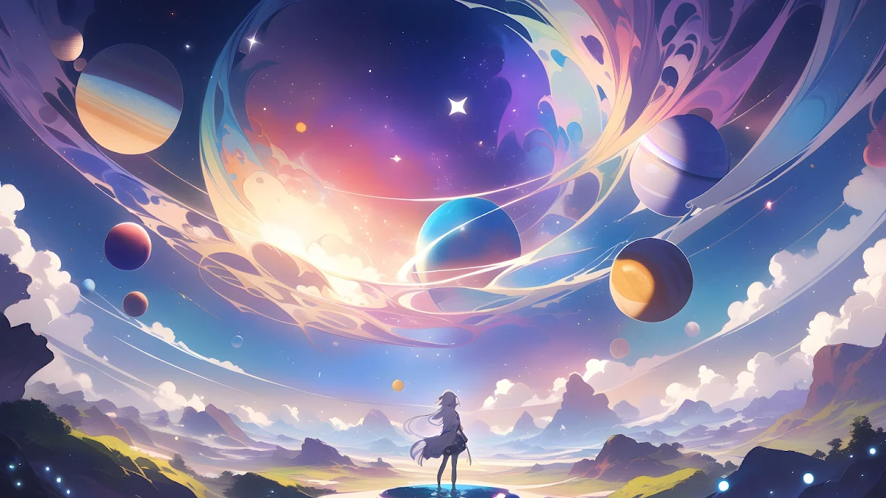 Anime Girls, Ai Art, Planet, Clouds 5K Desktop Wallpaper