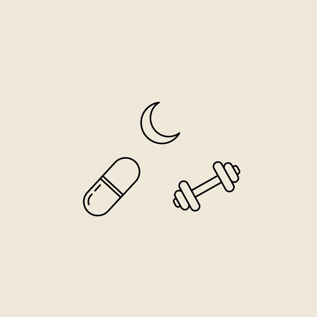 Minimal Tonum-style line illustration of a capsule, dumbbell, and crescent moon on beige background, symbolizing supplement, exercise, and sleep to keep losing weight after stopping Ozempic.