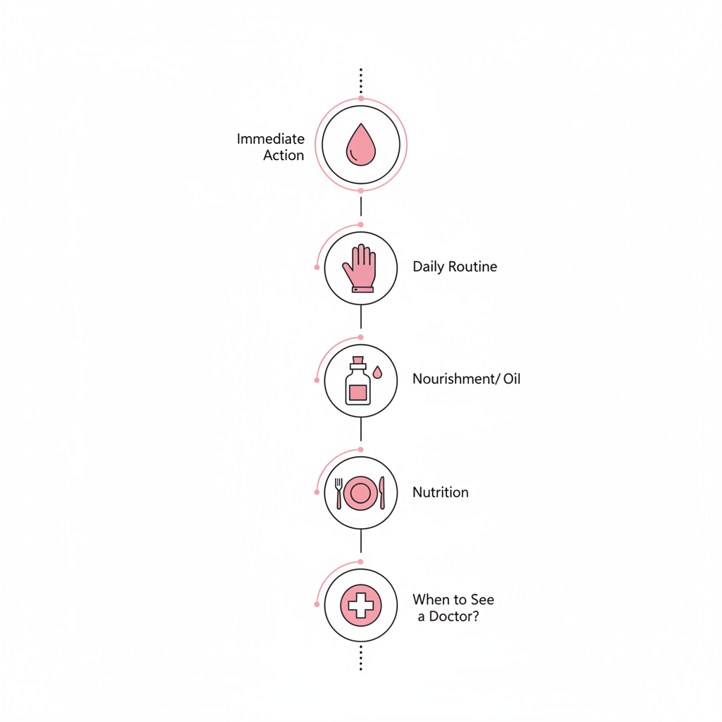 Minimalistische 2D-Infografik brüchige Fingernägel mit fünf Vektor-Icons (Wassertropfen, Handschuh, Ölflasche, Teller, Stethoskop) in NailX-Farben