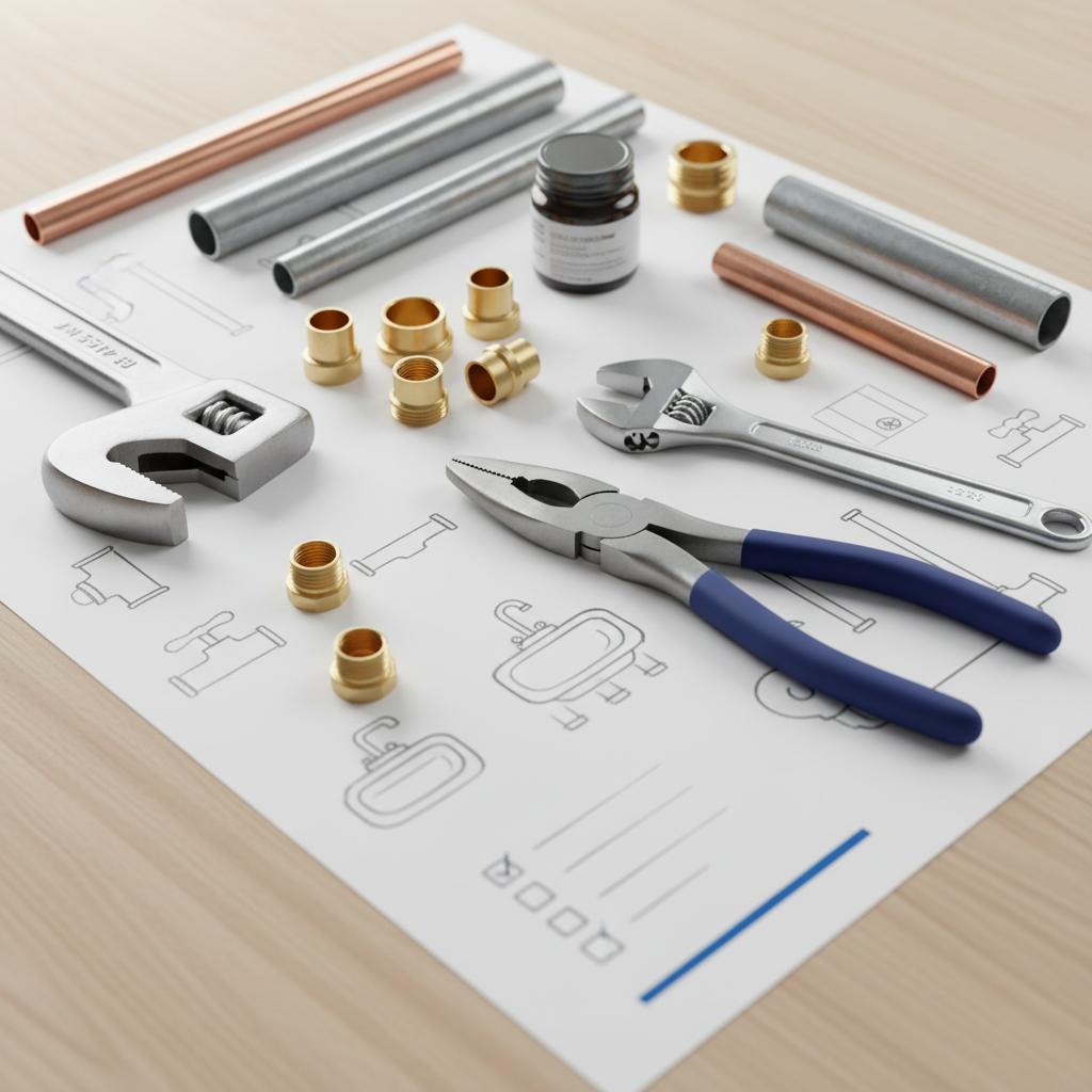 Close-up workbench with plumbing tools, fittings and a hand-drawn checklist on white paper with #1a5bfb accent &mdash; What type of plumber makes the most money?