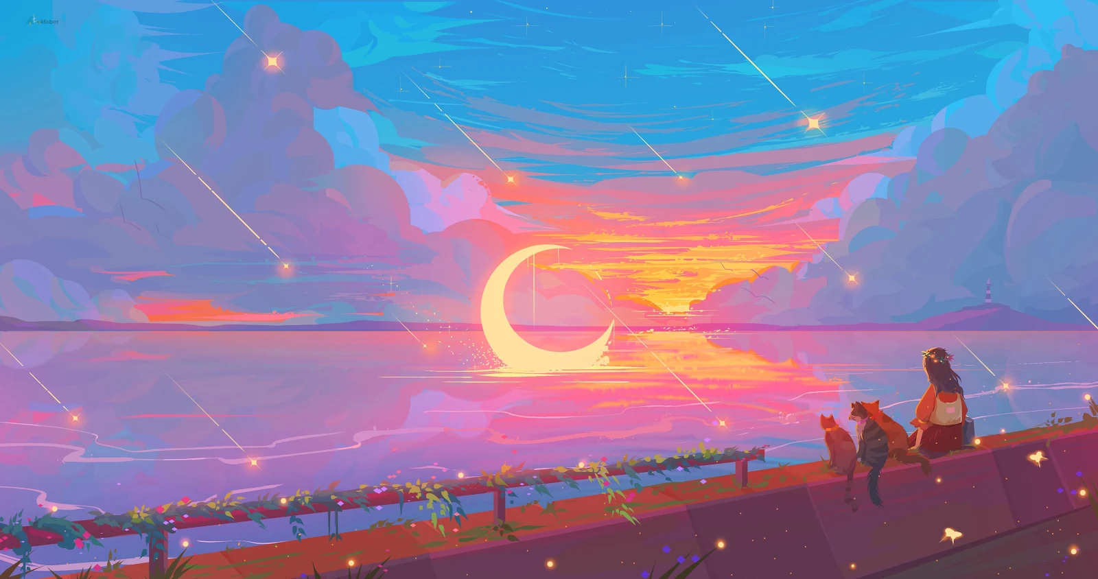 Dreamy Sunset Over The Ocean - Digital Illustration 4K Wallpaper (4096x2160)