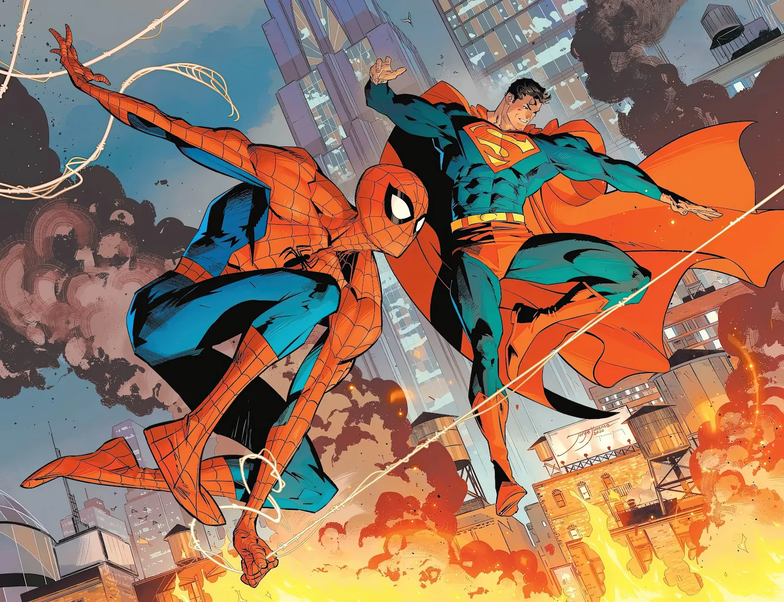 Spider-Man And Superman City Crossover - Comic Book Art 4K Wallpaper (3840x2952)