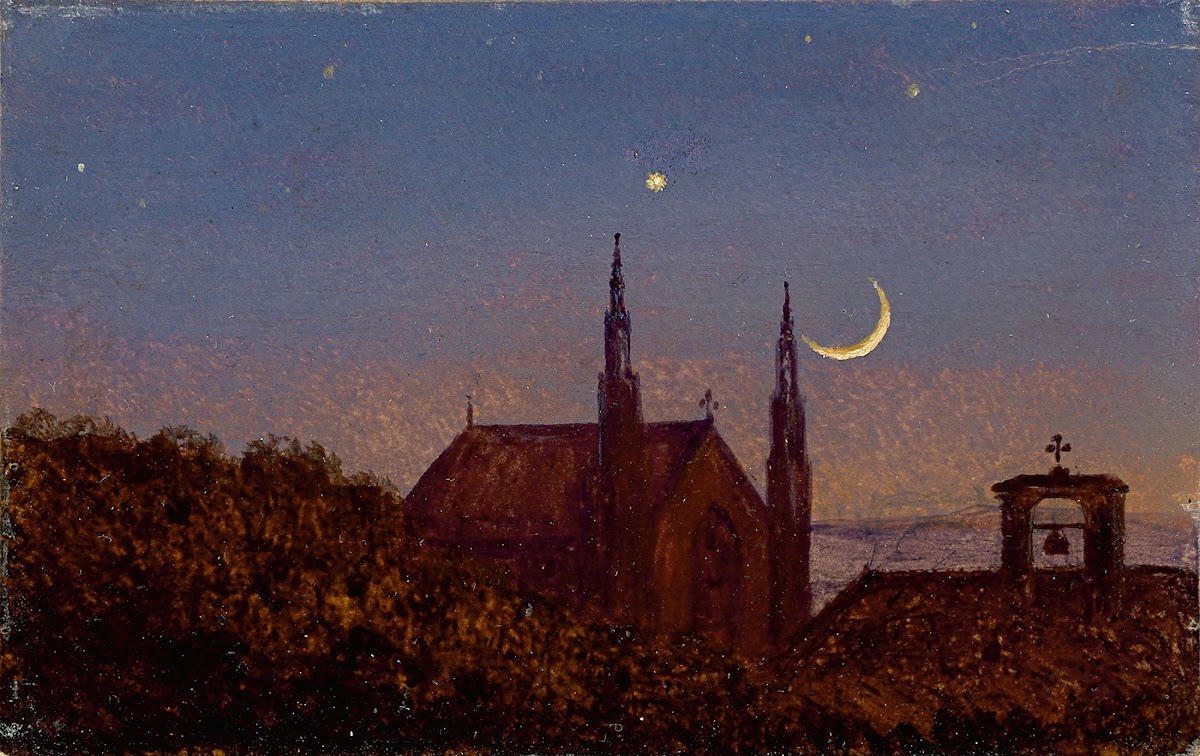 Gotische Kirche ÜBer Baumwipfeln Bei Mondenschein Circa 1840