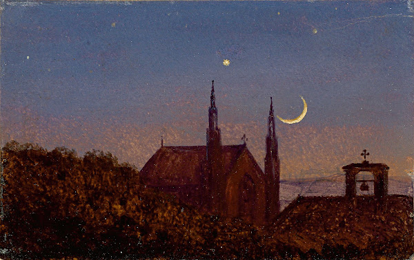 Gotische Kirche ÜBer Baumwipfeln Bei Mondenschein Circa 1840