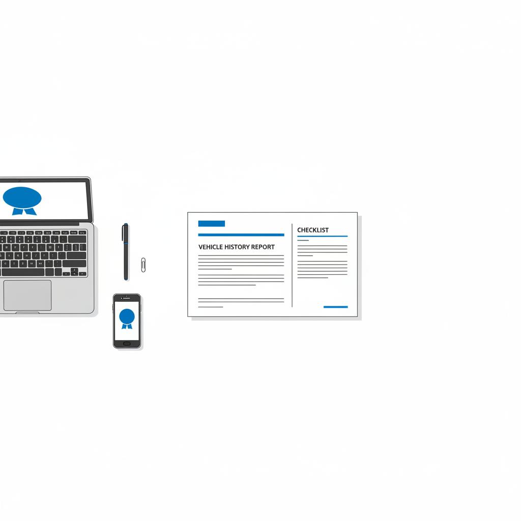 Overhead 2D vector illustration of a printed vehicle history report and used car checklist with a laptop showing a blue price badge and a smartphone on a white workbench showcasing a reliable used car under 5000