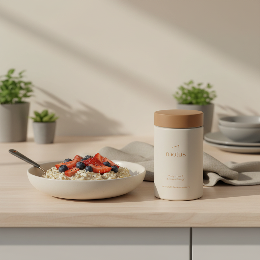 Tonum Motus supplement jar on a kitchen counter beside a bowl of oats and fresh berries suggesting an evidence-based morning routine for weight loss — best tablet for weight loss