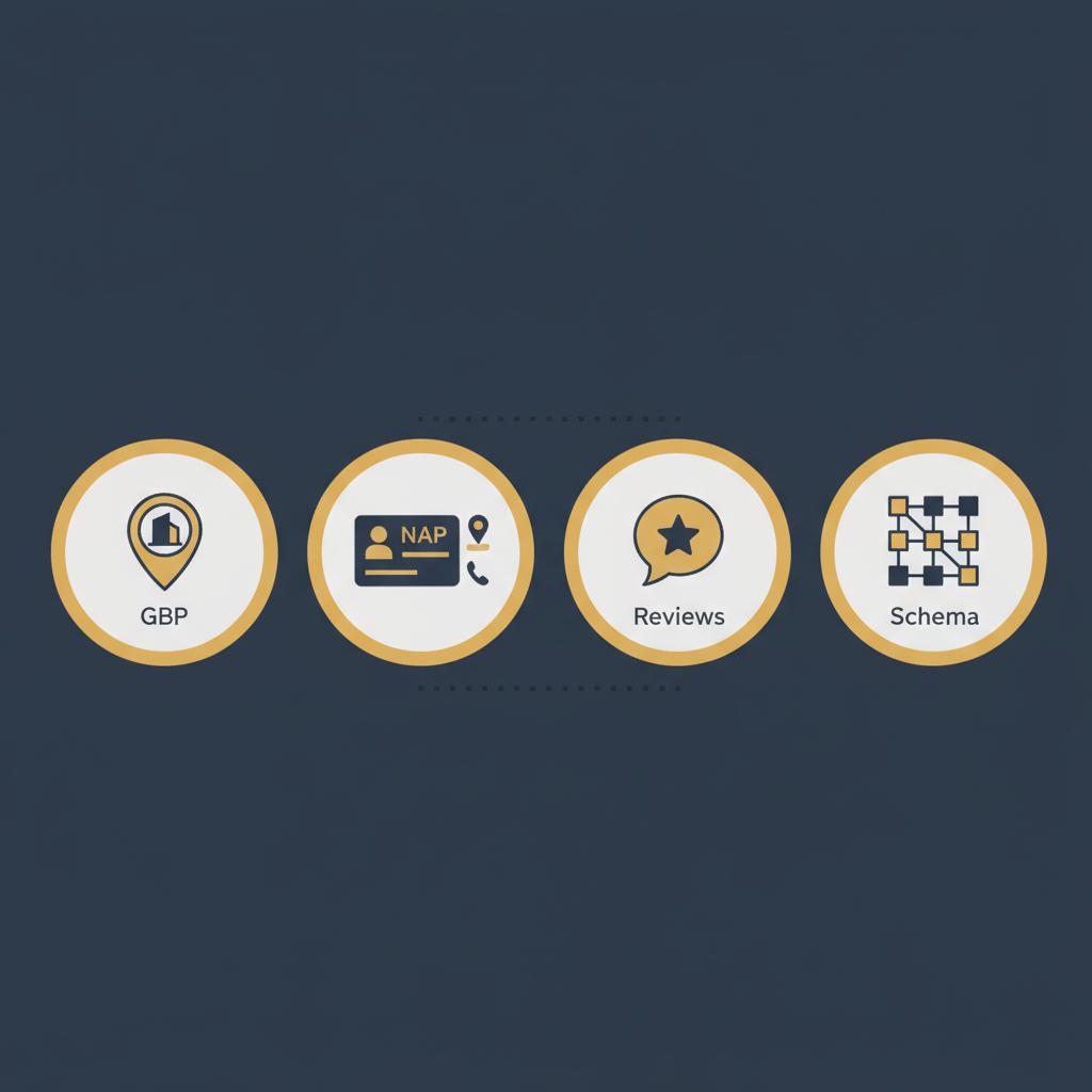 Minimal 2D vector infographic with four icons for a local SEO checklist: GBP, NAP, reviews, and schema on a dark blue full-bleed background.