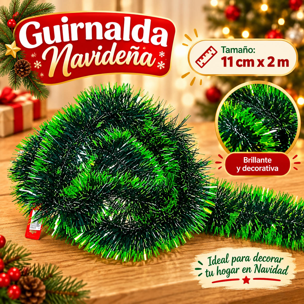 Guirnalda navideña de tinsel verde con puntas claras 11 cm x 2 m