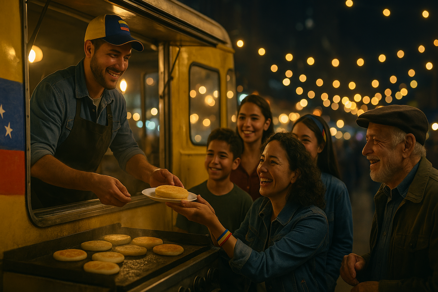 Food truck venezolano sirviendo arepas en un mercado nocturno, familias felices