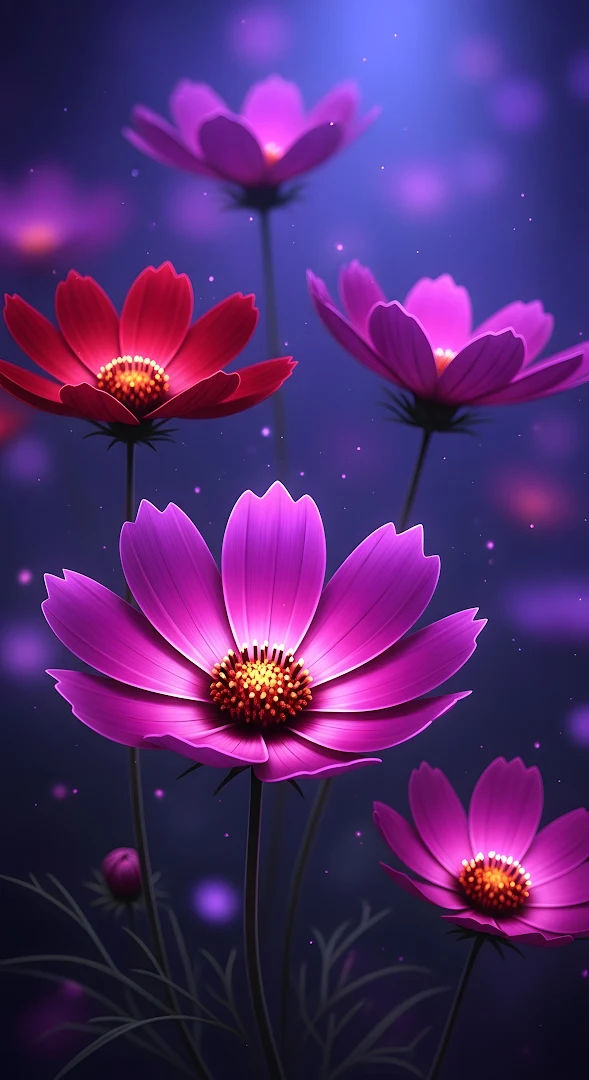 Vibrant Purple Cosmos Blooms, Magical Night Garden Scene
