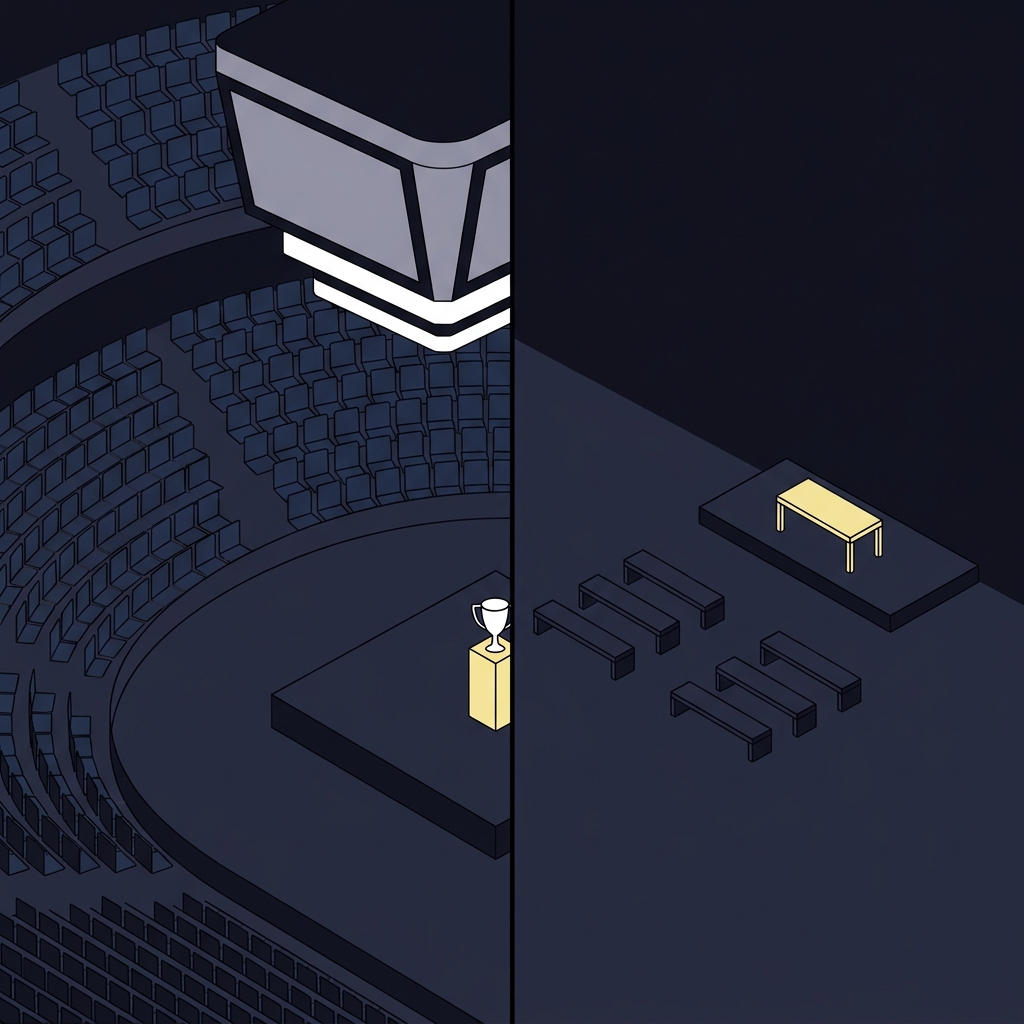 Minimalist 2D vector split image of a large high stakes venue and a smaller routine event showing How Major Championships Differ from Regular Events in scale and layout