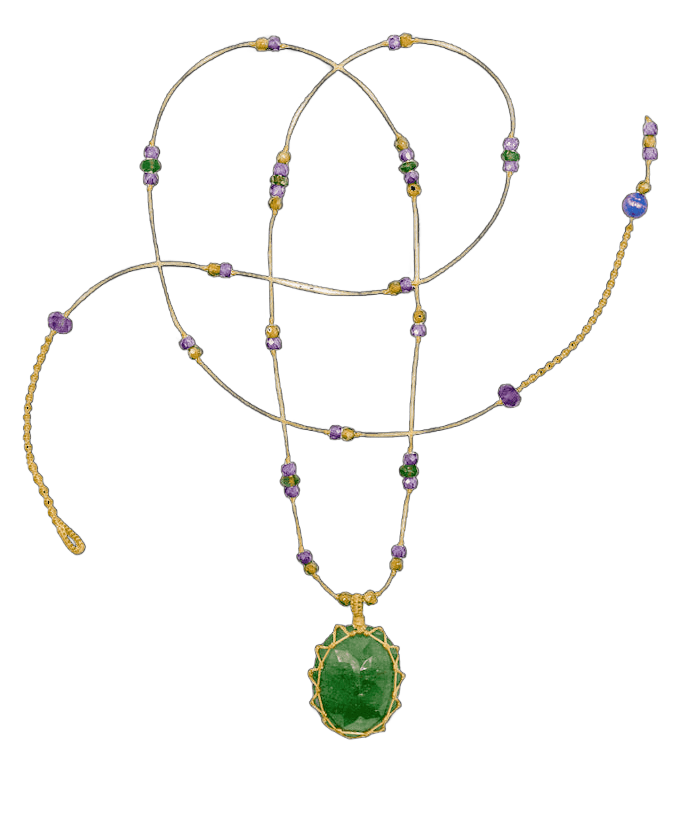 Тибетское колье Зеленый клубничный кварц