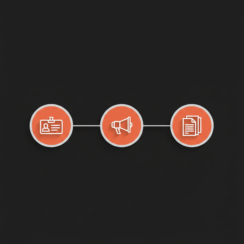 Minimal 2D vector roadmap with three milestone icons (profile ID badge, press microphone, documents stack) on black background illustrating steps to get blue tick on Instagram