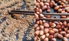 Đậu phộng, mè rang chín, xát vỏ, đậu phộng cho vào giã dập. Rau muống nhặt bớt lá già, bỏ gốc, chẻ đôi rửa sạch với nước, rồi vớt ra để ráo nước.