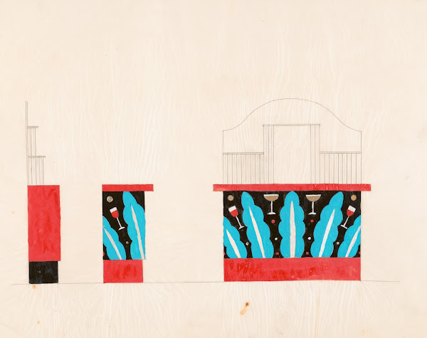 Designs for unidentified restaurant or bar interiors Color study of bar showing