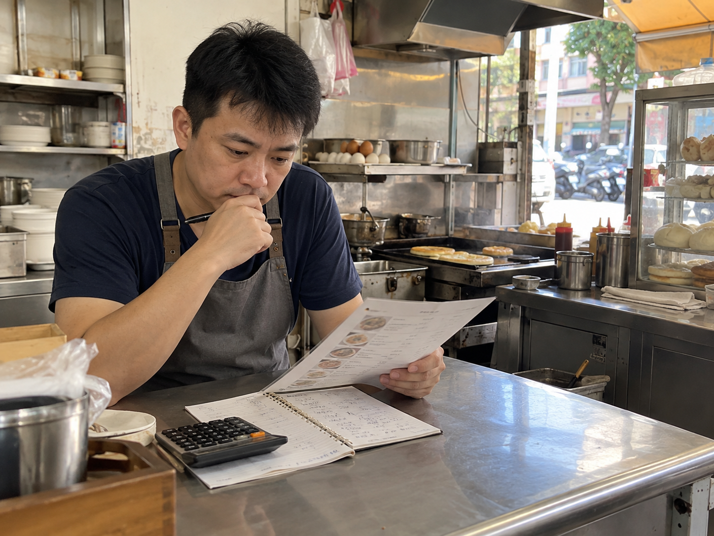早餐店老闆看著菜單、成本筆記與計算機思考選擇