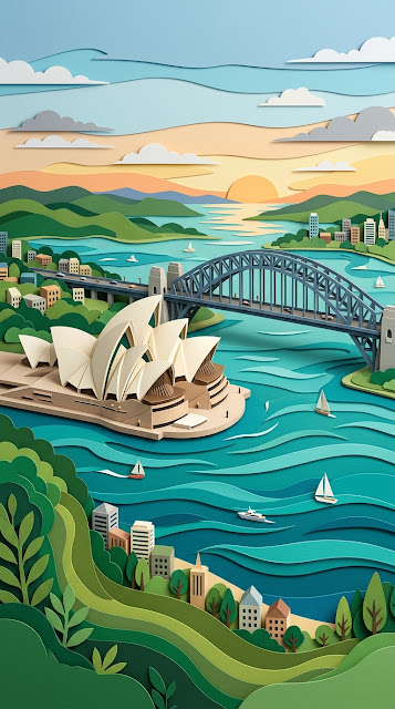 Sydney Opera House and Harbour Bridge in a Layered Paper Style - Free mobile Wallpaper
