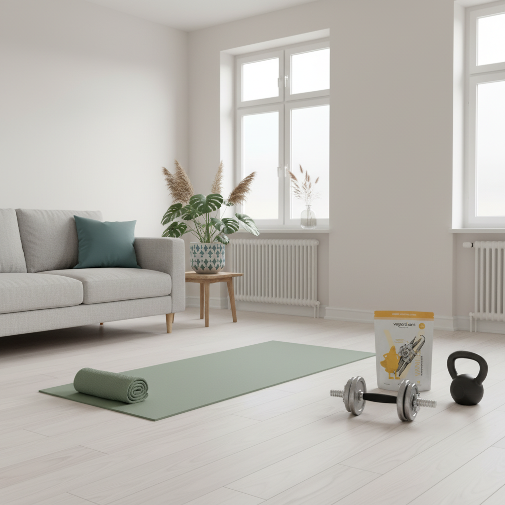 Minimalistische Heimtrainingsszene mit Yogamatte, Kurzhanteln und Kettlebell im skandinavischen Wohnzimmer – Kalorienverbrauch Krafttraining