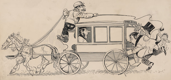 Six comic strip frames of coach driver and mischievous boy Pl4