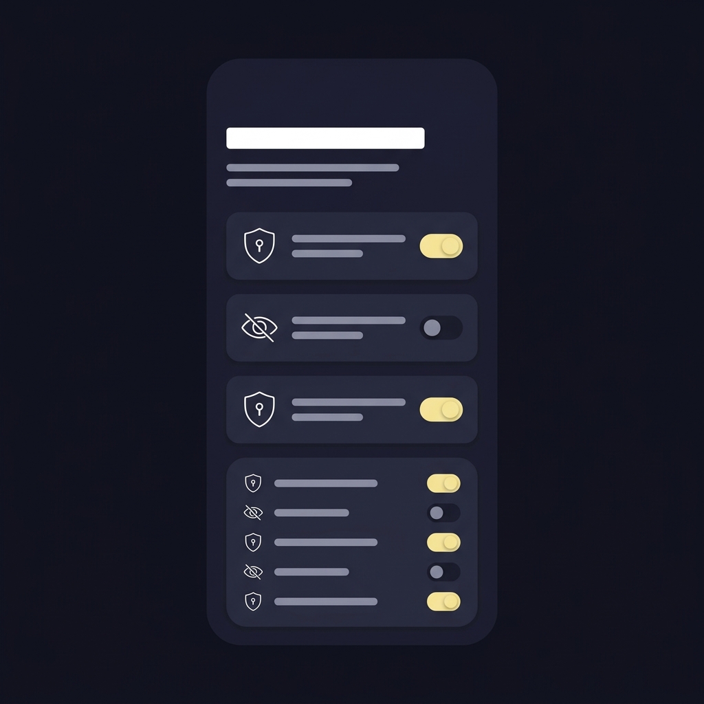 Minimal 2D vector mobile dashboard mockup showing privacy settings and permission toggles in Funded Plays color palette with accent highlights betnet ag mobile