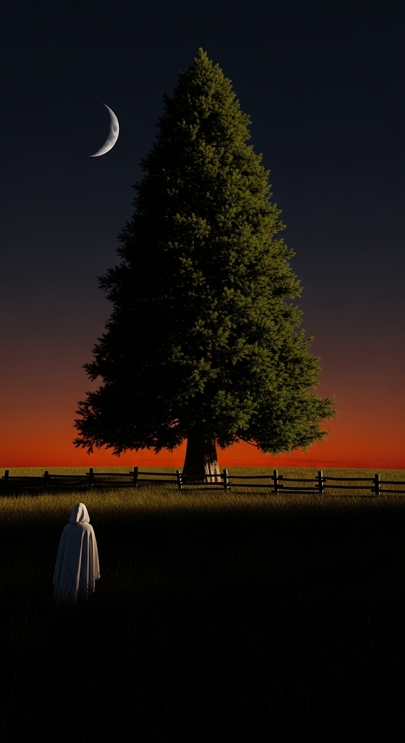 Isolated White Cloaked Figure Standing Near a Massive Pine Tree at Red Twilight