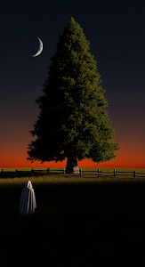 Isolated White Cloaked Figure Standing Near a Massive Pine Tree at Red Twilight