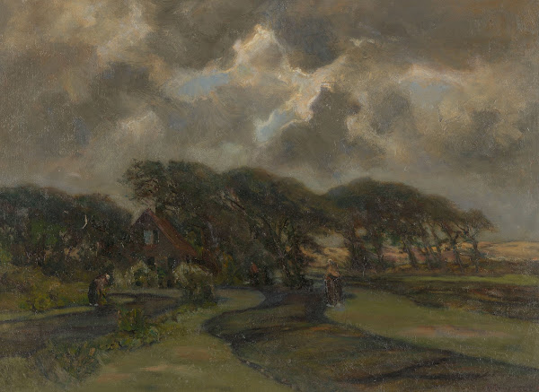 Huisje bij boomrand en vrouwen met visnetten 1872   1944