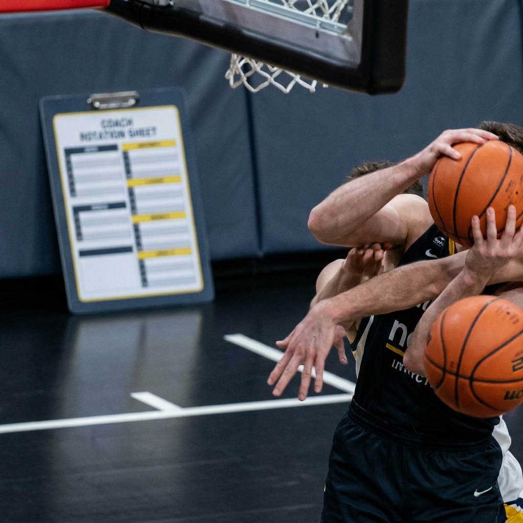 Close up of a basketball player boxing out under the rim with a coach rotation sheet softly out of focus in the background illustrating Using Rebounding Metrics in Matchup Analysis in a minimalist Funded Plays palette
