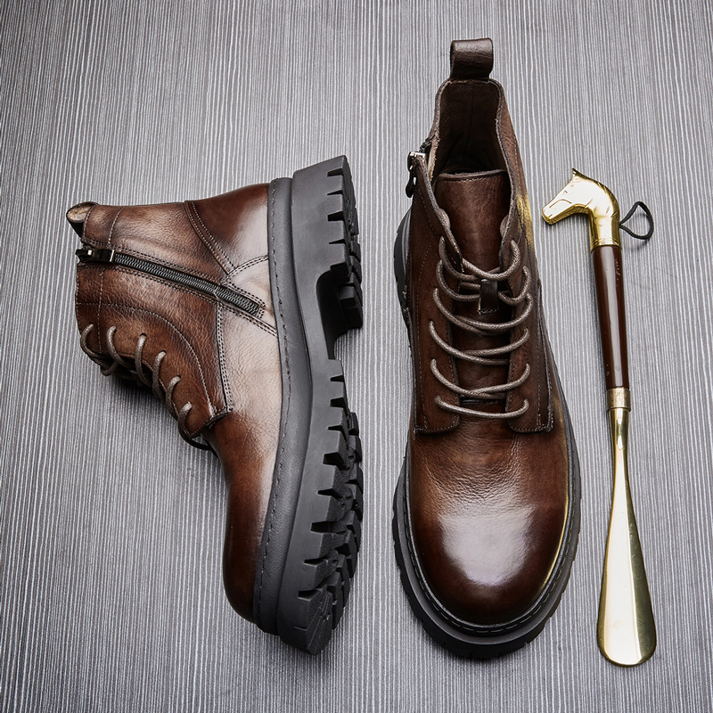 Men's lace-up cowhide leather vintage-style boots