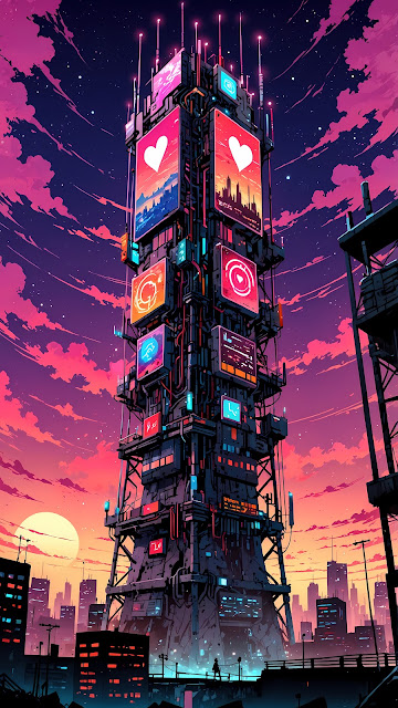 Cyberpunk Social Media Tower at Neon Sunset - Free mobile Wallpaper