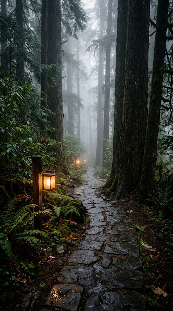 Japanese Cedar Forest with Stone Path and Lantern Wallpaper - Free mobile Wallpaper