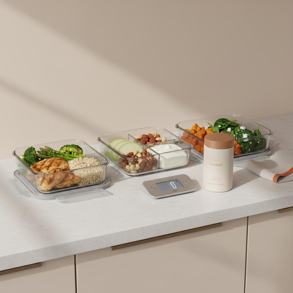 Minimalist kitchen counter with three meal-prep containers showing balanced portions for a 40-40-20 macro ratio, a small scale, and a Tonum Motus jar visible but secondary.