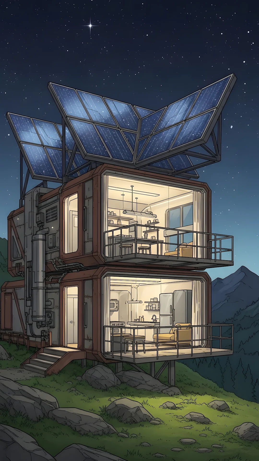 Concept Art of a Futuristic Off-Grid Cabin with Solar Panels in a Mountain Landscape - Free 4K mobile Wallpaper