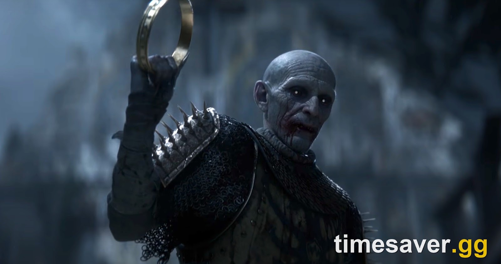 The Blood of Dawnwalker antagonist — an ancient, bald vampire lord in spiked chainmail armour, blood on his lips, raising a golden ring in a ruined snowbound hall — the kind of centuries-old aristocratic villain embodied by Brencis