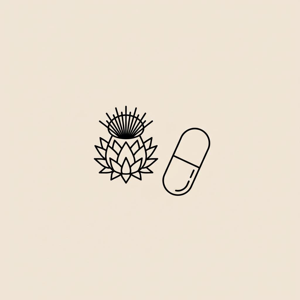 Minimalist Tonum-style line illustration of a milk thistle flower and a single capsule on a beige background (#F2E5D5).