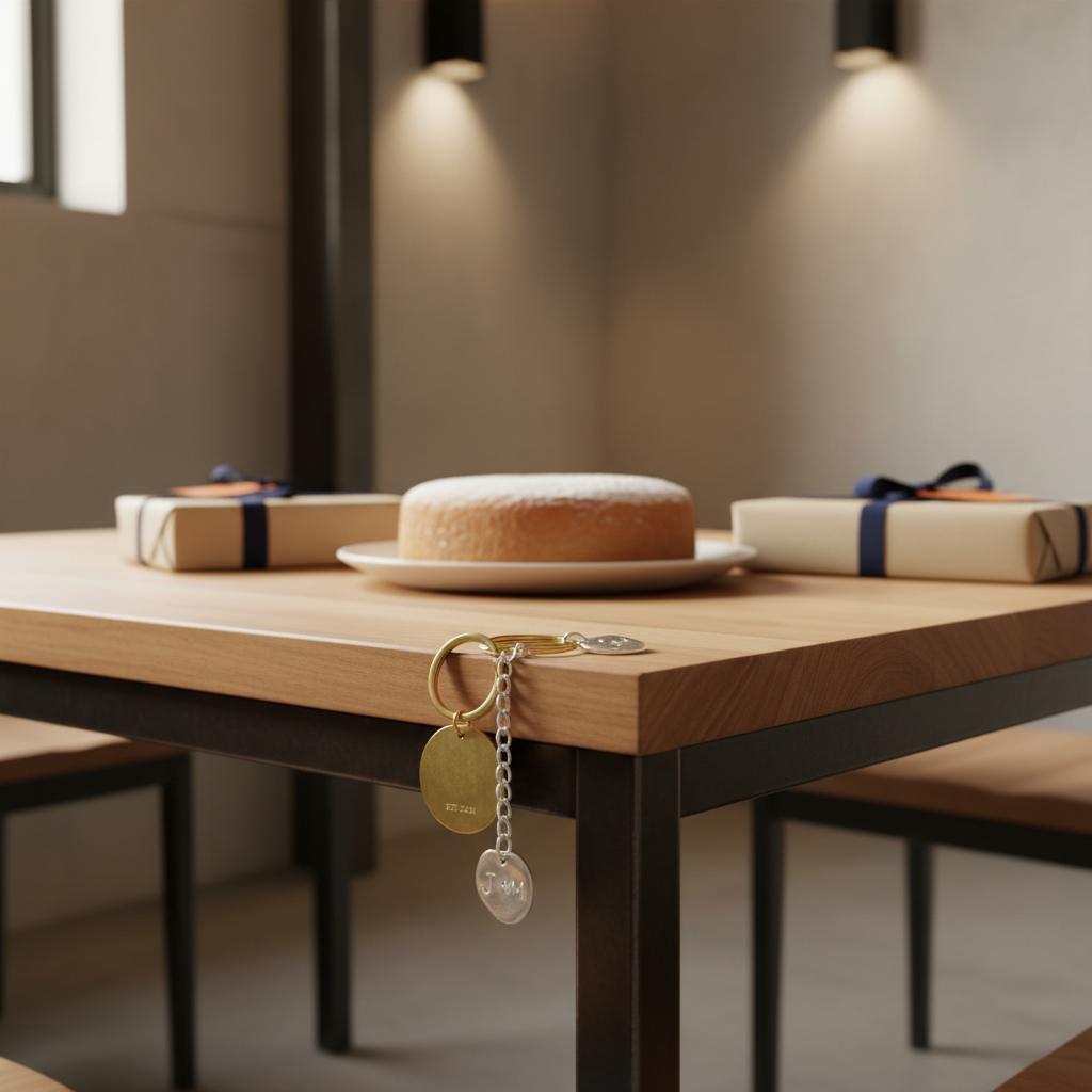 Aufgeräumter Esstisch mit Geschenken, einfachem Vanillekuchen und Gravur-Schlüsselanhängern – was sagt man einer frau zum 50. geburtstag