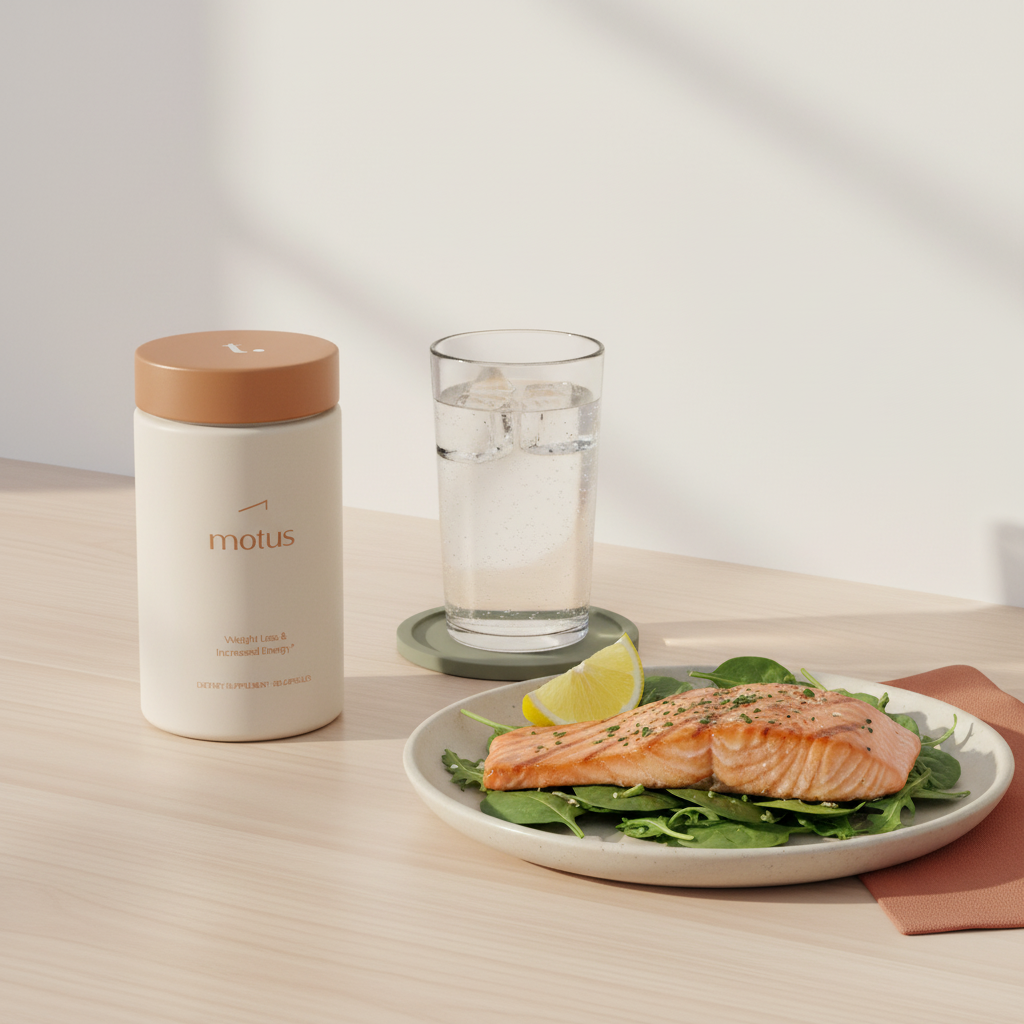 Motus jar beside grilled salmon salad and a chilled glass of water on a clean wooden countertop, promoting meal replacement shakes for weight loss.