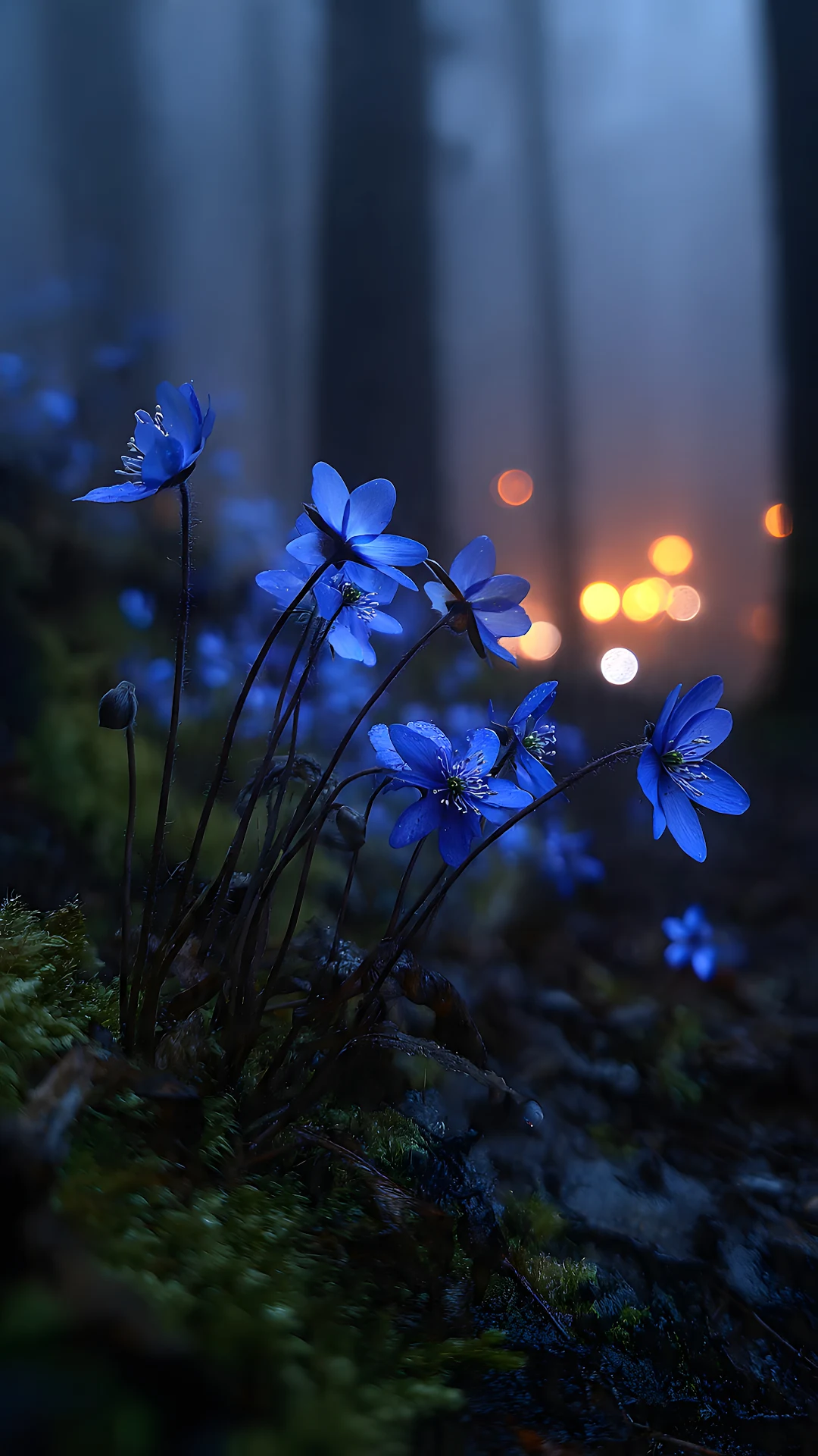 Mysterious Blue Forest Flowers Dark Moody Bokeh Lights - Free 4K mobile Wallpaper