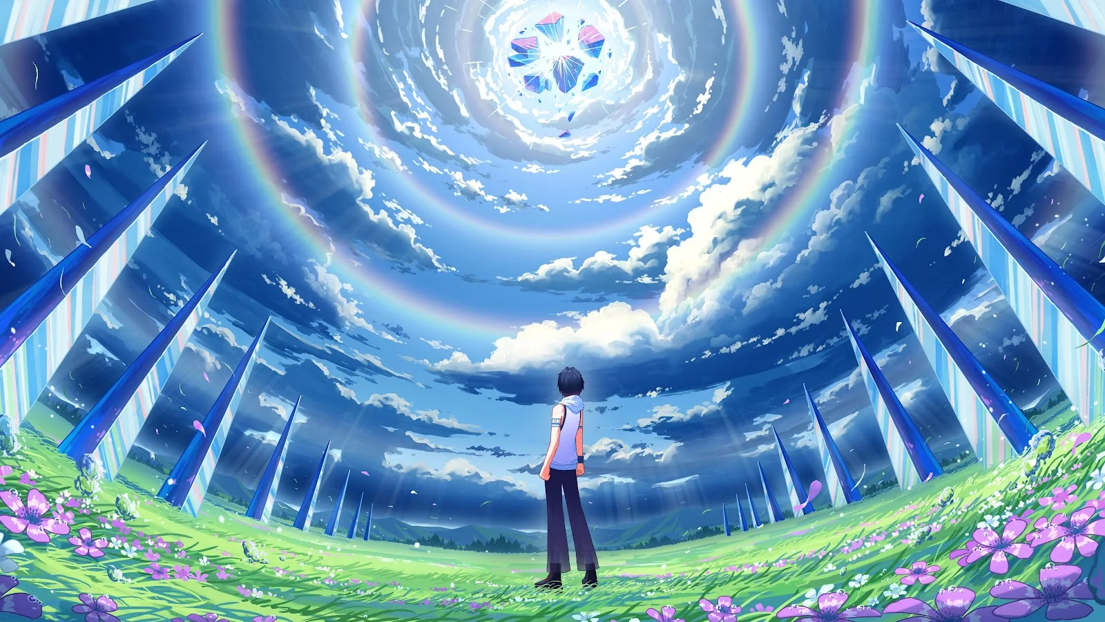 Boy Staring At Cosmic Rainbow Sky - Digital Fantasy Illustration 5K Wallpaper (5760x3240)