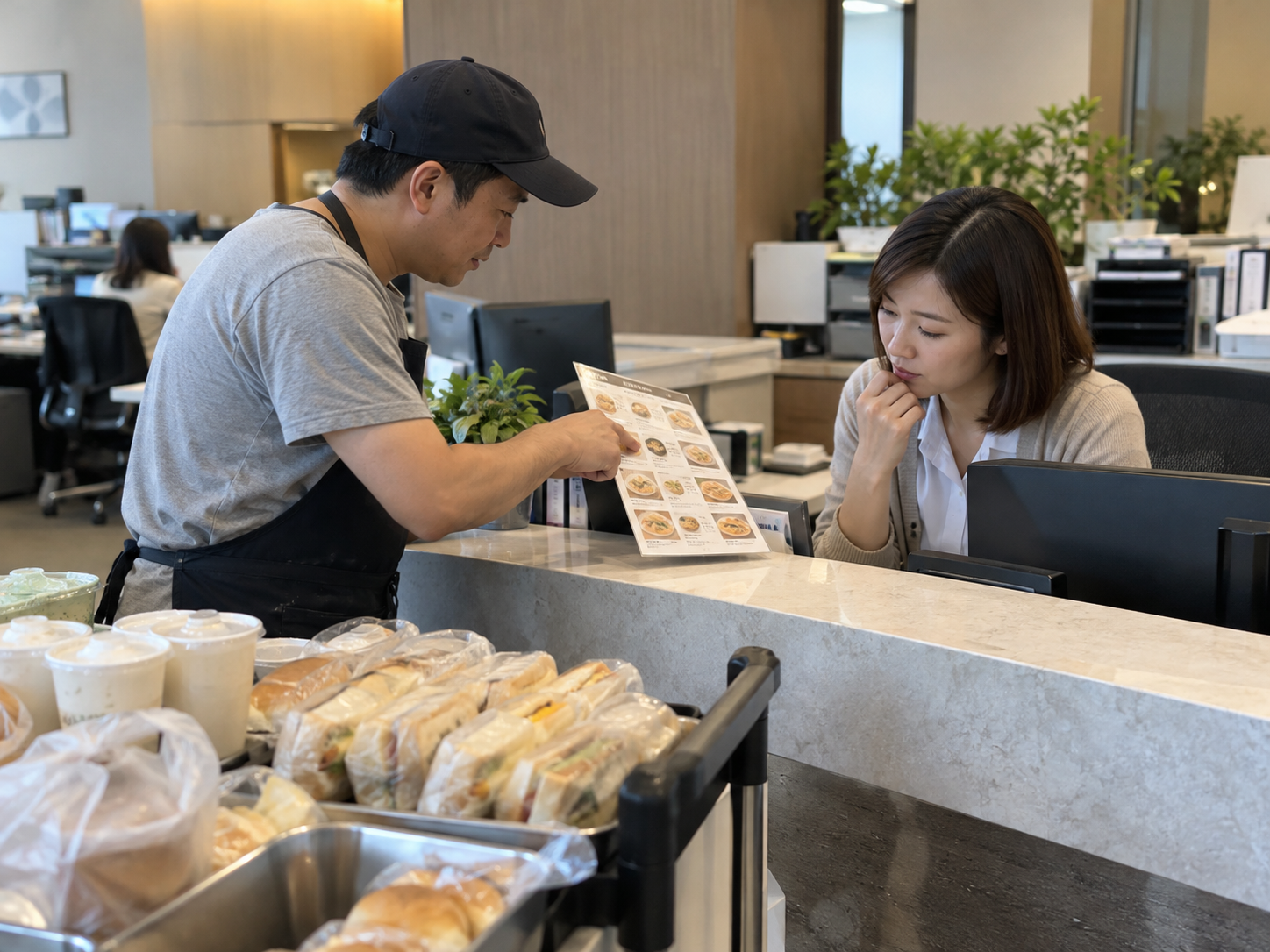 早餐店老闆向辦公室窗口說明菜單與團訂合作方式
